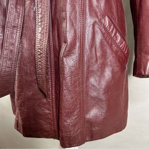 Vintage 70s  Leather Jacket L Burgundy Button Belted Classic Directions Coat - Picture 6 of 11